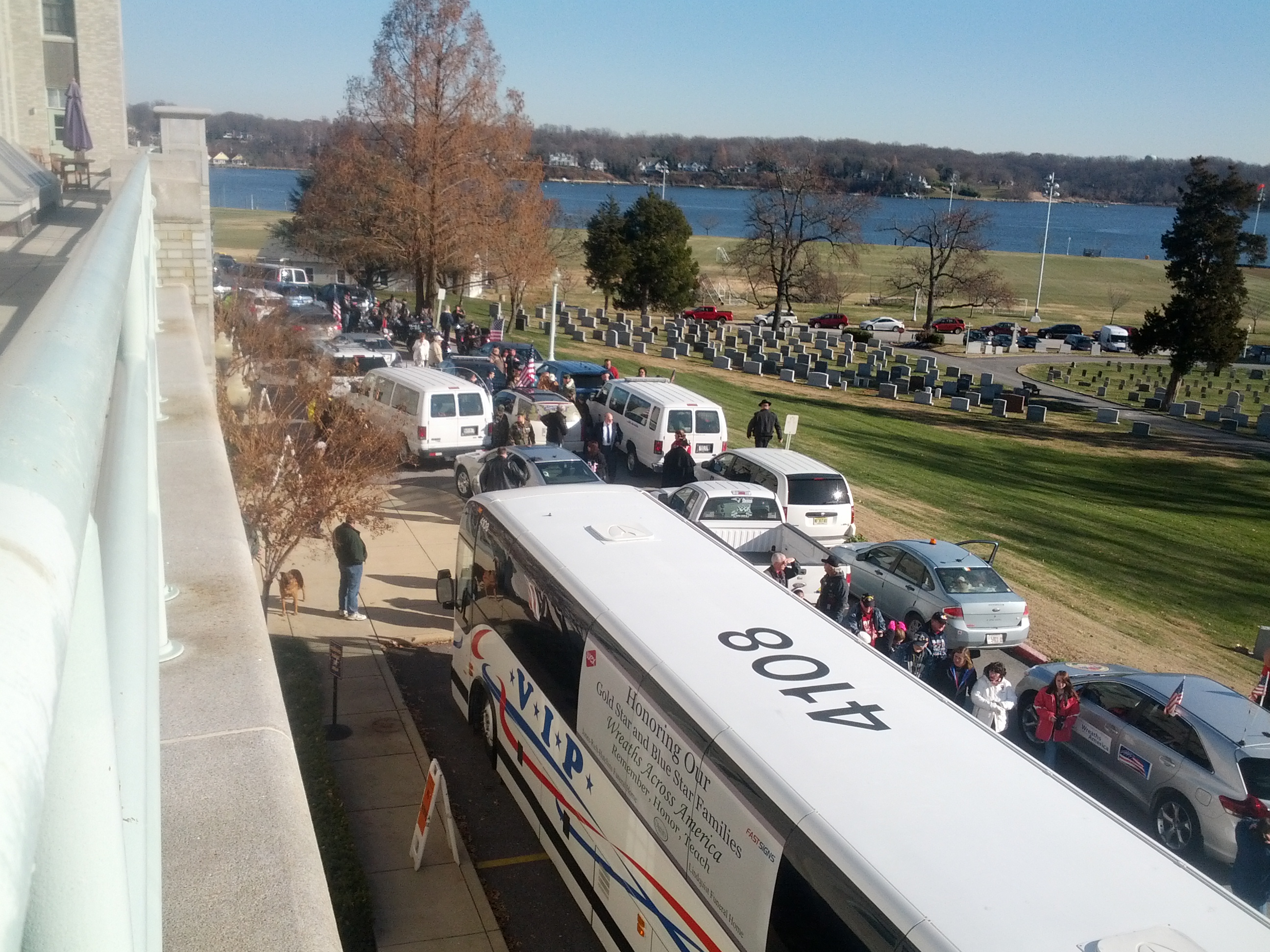 The procession of vehicles for Wreaths Across America, including motorcycles and vehicles from various police departments in Maine (where the program got its start).