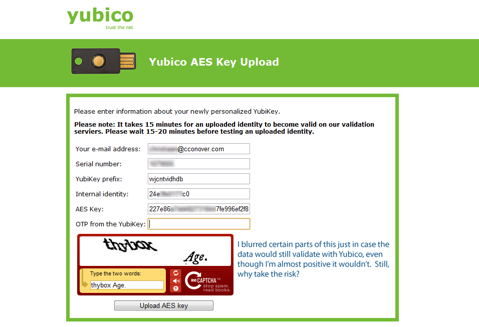 Yubico OTP Upload Key